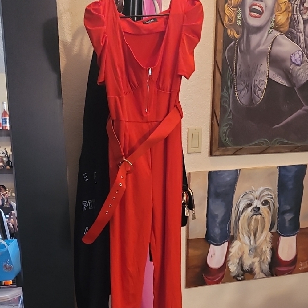 Chic Red Wrap-Style Jumpsuit with Belt